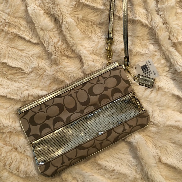 COACH: Gold Sequin & Beige Wristlet/Clutch - Picture 2 of 3
